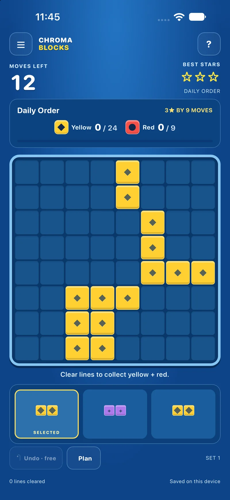 Chroma Blocks Daily Order: a board of yellow blocks, target colour counts, and twelve moves remaining