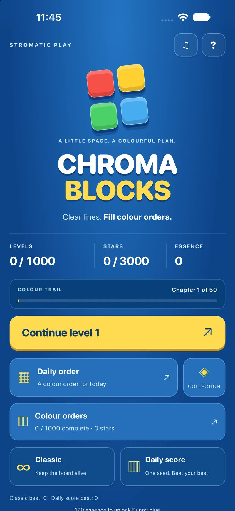 Chroma Blocks home screen with level progress, Daily Order, Colour Orders, Classic, and Daily Score