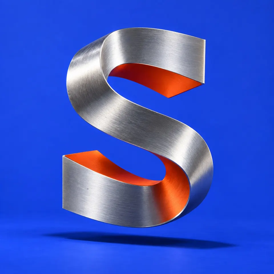 Sculptural Stromatic Labs S in brushed metal and orange against blue